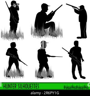 Vektordarstellung von sechs Jägersilhouetten. Stock Vektor