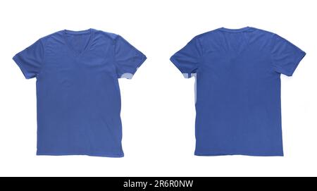 Blaues Herren-T-Shirt mit Clipping-Pfad auf weißem Hintergrund. Vorne und hinten. Stockfoto