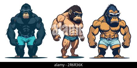 Set aus drei Karikaturen von Bodybuilding-Affen, Gorillas isoliert auf weißem Hintergrund Stock Vektor