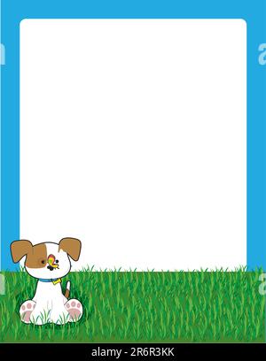 Eine Grenze oder ein Rahmen mit einem kleinen Hund im Gras sitzend mit einem Schmetterling auf seiner Nase Stock Vektor