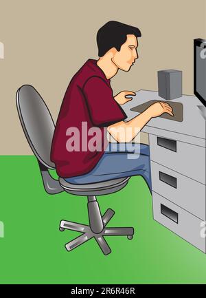 Programmierer sitzt vor seinem Computer Stock Vektor