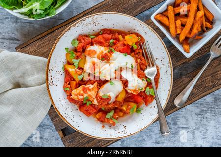 Sizilianischer Fisch mit Pfeffersoße und Süßkartoffelchips Stockfoto