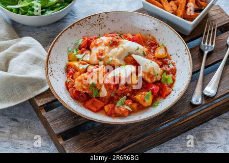 Sizilianischer Fisch mit Pfeffersoße und Süßkartoffelchips Stockfoto