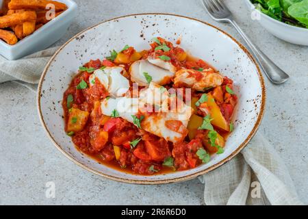 Sizilianischer Fisch mit Pfeffersoße und Süßkartoffelchips Stockfoto