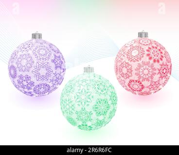 Set aus drei transparenten, mehrfarbigen weihnachtsbällen mit Schneeflocken-Struktur auf abstraktem, hellem Hintergrund. Grußkarte. Vektordarstellung. Gra... Stock Vektor