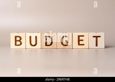 Das Wort BUDGET auf Holzwürfeln auf beigefarbenem, neutralem Studiohintergrund. Bereich Kopieren. Geschrieben. Textwörter sind wichtig. Konzeptfoto. Symbol für Budgetplanung Stockfoto