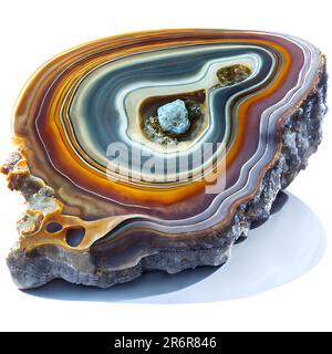 Ein atemberaubender und lebendiger Achatfelsen mit komplexen Details auf weißem Hintergrund Stockfoto