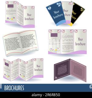 Sammlung von 6 verschiedenen Broschürensymbolen, isoliert auf weißem Hintergrund. Stock Vektor