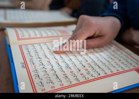 Nahhand einer Frau, die Koran liest. Stockfoto