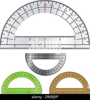 Detaillierte Vektordarstellung der Winkelmesser, die in der Zeichnungs- und Ingenieurarbeit verwendet werden. Stock Vektor