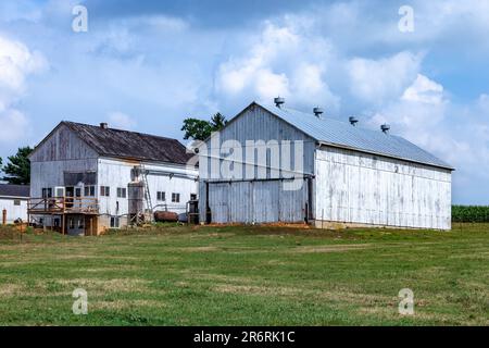 Bauernhof mit Feld- und Silo in einer wunderschönen Landschaft Stockfoto