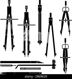 Detaillierte Vektordarstellung von Konstruktions- und Zeichnungswerkzeugen wie Kompass, Caliper, Trennelement und Druckbleistift. Stock Vektor