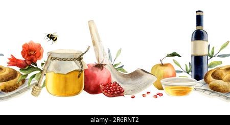 Rosh Hashanah horizontales nahtloses Banner mit Honig, Schofar, Wein, Challah, Granatapfelfrucht Aquarell Stockfoto