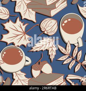 Handgemalte, nahtlose Muster mit Herbstblättern, einer Tasse Tee, Kaffee, einem Stapel Bücher. Braune beige Elemente auf blauem Hintergrund, gemütliches rustikales Cottagecore-Retro-Design, Ahornholz-Eichenblatt Physalis-Getränk Stockfoto