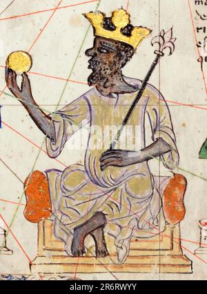 Mansa Musa (1280-1337), neunter Herrscher des Mali-Reiches (ca. 1312-1337), sitzt auf einem Thron mit einer Goldmünze, Porträt von Abraham Cresques, 1375 Stockfoto