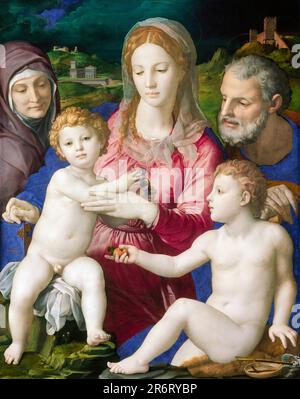 Heilige Familie mit St. Anne und dem Kleinkind St. John, gemalt in Öl auf Holz von Agnolo Bronzino, 1545-1546 Stockfoto