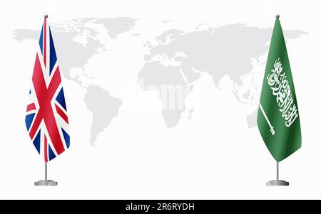 Flaggen des Vereinigten Königreichs und Saudi-Arabiens für eine offizielle Tagung vor dem Hintergrund der Weltkarte. Stock Vektor