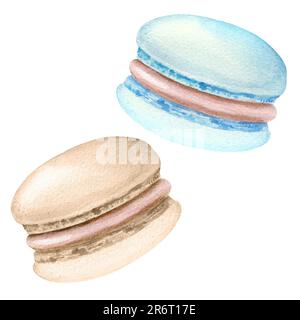 Aquarell-Set aus süßen Kuchen Makronen, von Hand dargestellte Illustration von rundem Mandel-Baiser isoliert auf weißem Hintergrund. Stockfoto