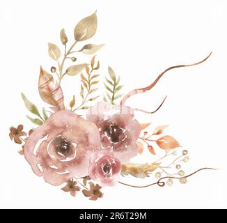 Aquarell handgezeichnete, staubpinke Pfingstrosen, Blätter und Federn, Blumendekoration Boho Clipart, zarte Blumen Clip Art Stockfoto
