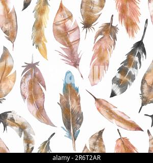 Aquarell handgezeichnete Federn nahtloses Muster, endloses Papier, Wiederholungspapier Stockfoto