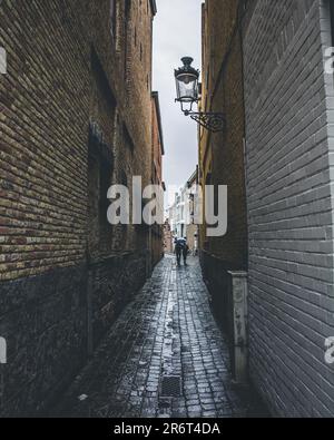 Eine malerische Gasse, gesäumt von Ziegelgebäuden, die sich im warmen Sonnenschein sonnen Stockfoto
