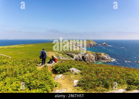 Zwei Personen bewundern den malerischen Blick auf „Great Saltee Island“ und den Atlantischen Ozean, während sie die Insel an einem sonnigen Sommertag besuchen. Saltee Islands, Irland Stockfoto