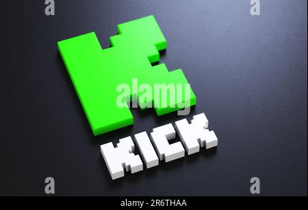 Valencia, Spanien - Juni 2023: Kick-Logo isoliert auf dunklem Hintergrund und Kopierbereich im 3D-Rendering. Nahaufnahme des Kick Streaming App-Symbols. Kick ist ein n Stockfoto