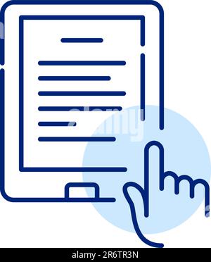 Lesegerät für elektronische Bücher mit Text auf dem Bildschirm. Tippen Sie mit dem Finger auf den Touchscreen. Pixelgenaue, bearbeitbare Kontur Stock Vektor