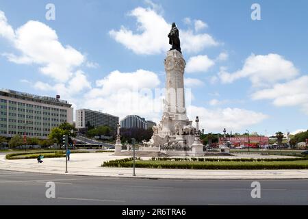 Lissabon, Portugal - 02 2018. Juni: Denkmal für den Marquis von Pombal in der Mitte des Kreisels. Stockfoto