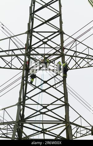 Gruppe von Elektrizitätsarbeitern in High Vis und Hutbefestigung, Reparatur Eines Metall-Elektrik-Pylons, England, Großbritannien Stockfoto