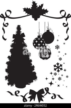 weihnachtssilhouetten Set / Vektor / Baum, Holly, Schneeflocken, Kugeln, Band Stock Vektor