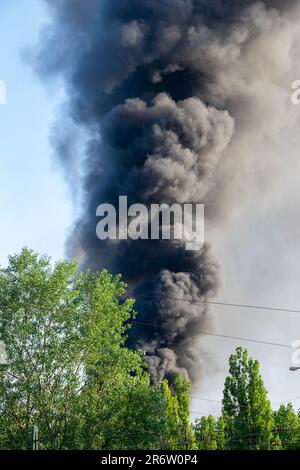 Notfall-Helikopter, der Wasser auflädt, um ein Waldbrand zu löschen dicker schwarzer Rauch steigt in den blauen Himmel. Rauch vom Feuer. Eine Katastrophe. Hochwertiges Foto Stockfoto