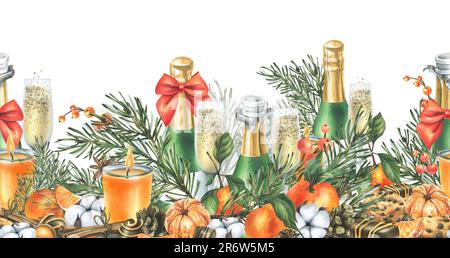 Weihnachtsdekor mit Tangerinen und Champagner. Süßigkeiten und Pinienzweige. Aquarell, handgezeichnet. Nahtloser, horizontaler Rand auf Weiß Stockfoto