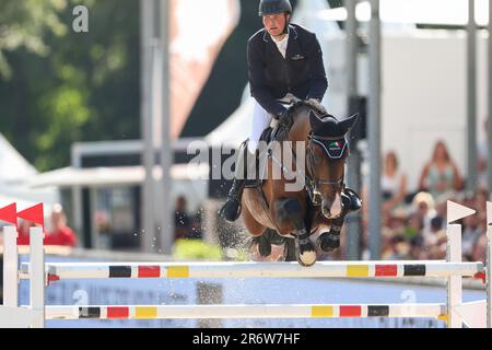 Balve, Deutschland. 11. Juni 2023. Pferdesport: Deutsche Meisterschaft, Showsprung. Der Show-Jumper Maurice Tebbel reitet Chacco's Light 3 bei der German Show Jumping Championship. Kredit: Friso Gentsch/dpa/Alamy Live News Stockfoto