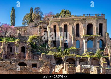 Domus Tiberiana war ein kaiserlicher römischer Palast im antiken Rom, an der nordwestlichen Ecke des Palatin-Hügels, Rom, Italien Stockfoto