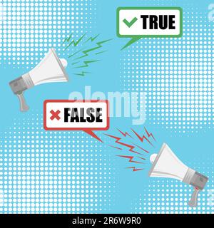 True Facts und False Myths with Megaphones Sign on Colored Dotted Background (echte Fakten und falsche Mythen mit Megaphonen). Gegen Battle Banner Stockfoto