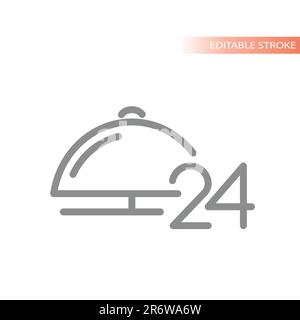 Vektorsymbol für die Glockenlinie des 24-Stunden-Empfangs. Check-in-Service-Schalter für 24 Stunden im Hotel. Stock Vektor