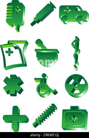 Set von grünen medizinische Themen Icons im 3D Stil. Stock Vektor