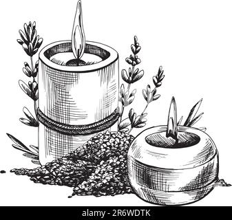 Meersalz und Kerzen mit Lavendelblumen. Handgezeichnete Illustration, EPS-Grafikvektor. Isolierte Komposition auf weißem Hintergrund. Stock Vektor