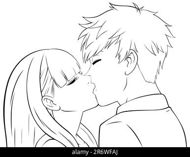 Anime Boy und Girl Kissing Line Art Stock Vektor