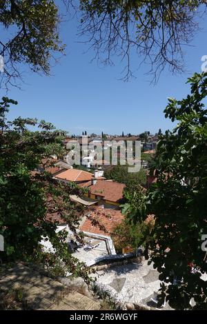 Schöner Blick auf die gefliesten Dächer der dichten Häuser der Altstadt von Antalya durch die südliche Vegetation an einem heißen, sonnigen Tag Stockfoto