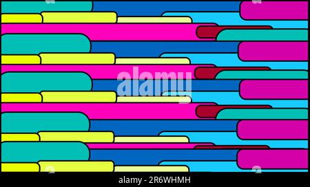 Einfacher Hintergrund aus minimalistischen, mehrfarbigen geometrischen Formen, Rechtecke mit abgerundeten Ecken, die horizontal mit schwarzer Kontur angeordnet sind. Vektor Stock Vektor