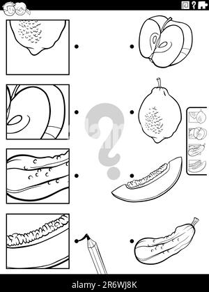 Schwarz-Weiß-Cartoon Illustration eines pädagogischen Spiels, das mit Obst und Gemüse und Ausschnitten von Bildern zusammenpasst Stock Vektor