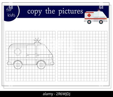 Kopieren Sie das Bild, ein pädagogisches Spiel für Kinder, einen Cartoon-Krankenwagen. Vektordarstellung auf weißem Hintergrund. Stock Vektor