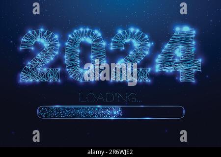 Neujahr 2024 wird geladen. Ladebalken. Flaches Polyesterdesign. Zahlen aus einem vieleckigen Drahtmodellnetz. Abstrakte Vektordarstellung auf dunklem Hintergrund. Stock Vektor