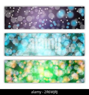 Set aus drei abstrakten, mehrfarbigen Hintergrundtexturen mit abstrakter, heller Energie, magischen, wunderschönen festlichen Effekten von Bokeh-Postern. Vektor-Illustration Stock Vektor