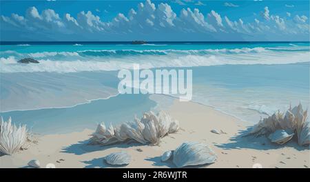 Ölfarbe eines unberührten, unberührten Strandes mit unberührtem weißen Sand, der sich so weit das Auge reicht. Stellen Sie eine Reihe von Muscheln dar, über die Sie verteilt sind Stock Vektor