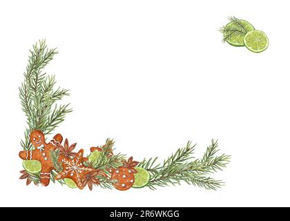 Rahmen aus Aquarell-Weihnachtsbaum, Sternanis, Limettenscheiben, Lebkuchen, isoliert auf Weiß. Illustration für Postkartendesign, Grüße Stockfoto