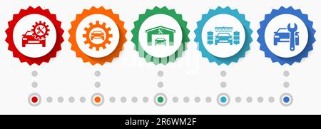 Fahrzeugservices Vektorsymbole, Autowäsche und Werkstatt flache Webausweise Sammlung, Business Infografik Vorlage Stock Vektor