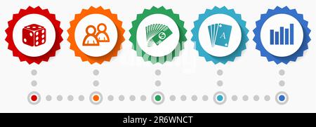 Casino-Vektorsymbole, Webabzeichen im flachen Design für Glücksspiele, Infografiken für Unternehmen Stock Vektor